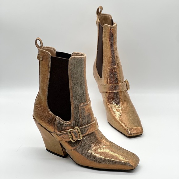 SAM EDELMAN Suzette Buckled Western Booties Womens 8 Gold Bronze Lizard Embossed - Picture 1 of 10